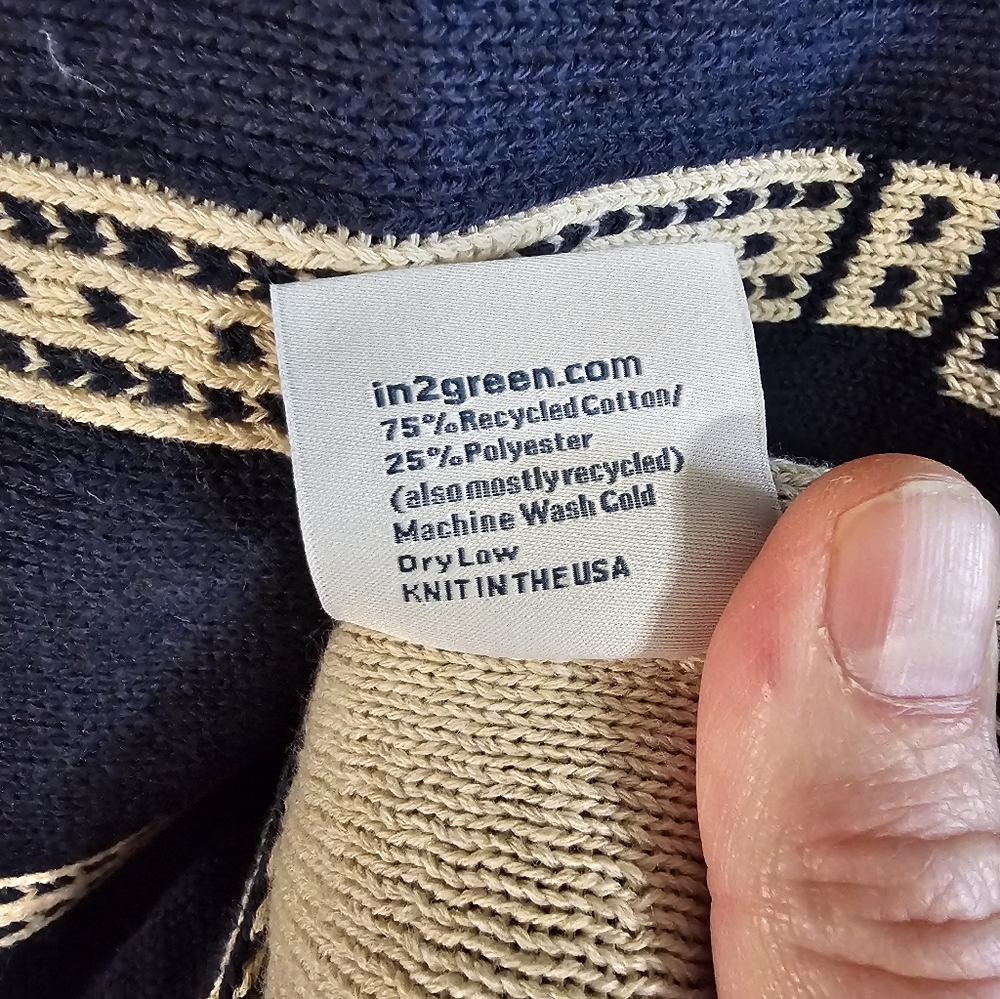 In2Green Womens Navy Tan Recycled Cotton Knit Poncho Belt Print Wrap Cape USA - Picture 8 of 8